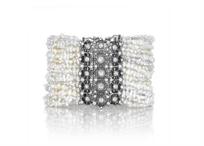 Rhodium Plated CZ Studded Womens Pearl Bracelet